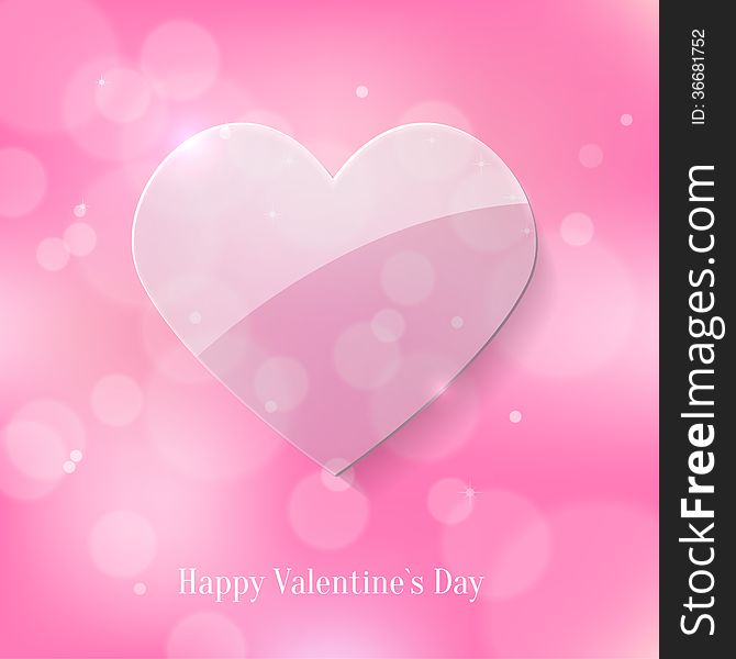 Glass Heart on Pink Bokeh Background. Valentines Day Card