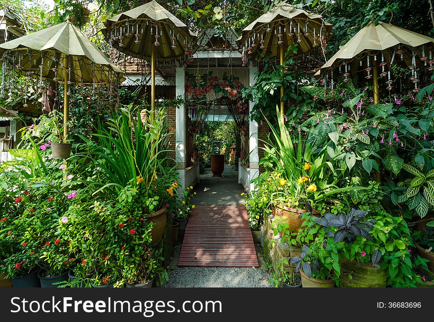 Beautiful garden entrance - natural open corridor in botanic park