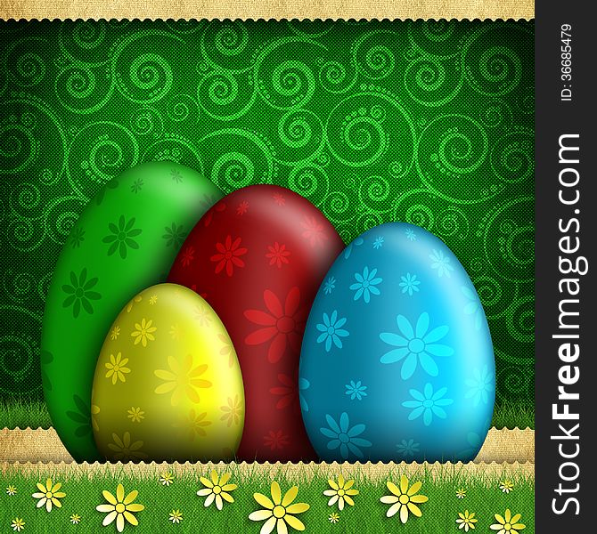 Happy Easter - colored eggs on patterned background