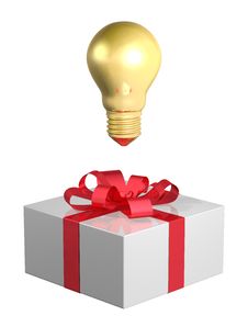Golden Light Bulb Above White Gift Box With Red Bow Royalty Free Stock Image Golden Light Bulb Above White Gift Box With Red Bow Royalty Free Stock Image
