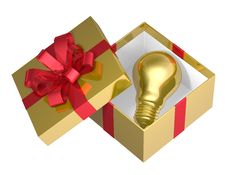 Golden Light Bulb In Golden Open Gift Box With Red Bow Royalty Free Stock Images Golden Light Bulb In Golden Open Gift Box With Red Bow Royalty Free Stock Images