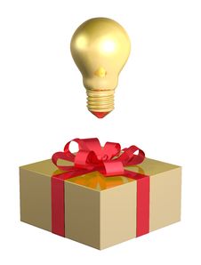 Golden Light Bulb Above Golden Gift Box With Red Bow Stock Photos Golden Light Bulb Above Golden Gift Box With Red Bow Stock Photos