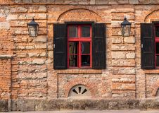 Old Window Frame On The Wall With Lantern Stock Photos Old Window Frame On The Wall With Lantern Stock Photos