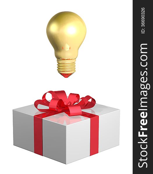 Golden Light Bulb Above White Gift Box With Red Bow