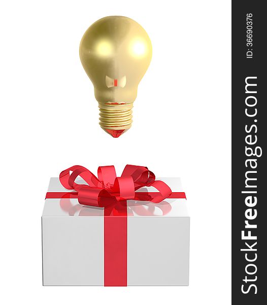 Golden Light Bulb Above White Gift Box With Red Bow. Front View