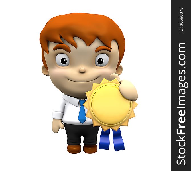 3d render of 3d character holding golden medal. 3d render of 3d character holding golden medal