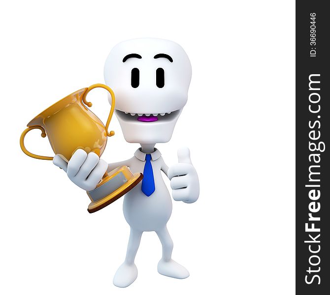 3d render of character with tie holding first place cup, includes clipping mask. 3d render of character with tie holding first place cup, includes clipping mask