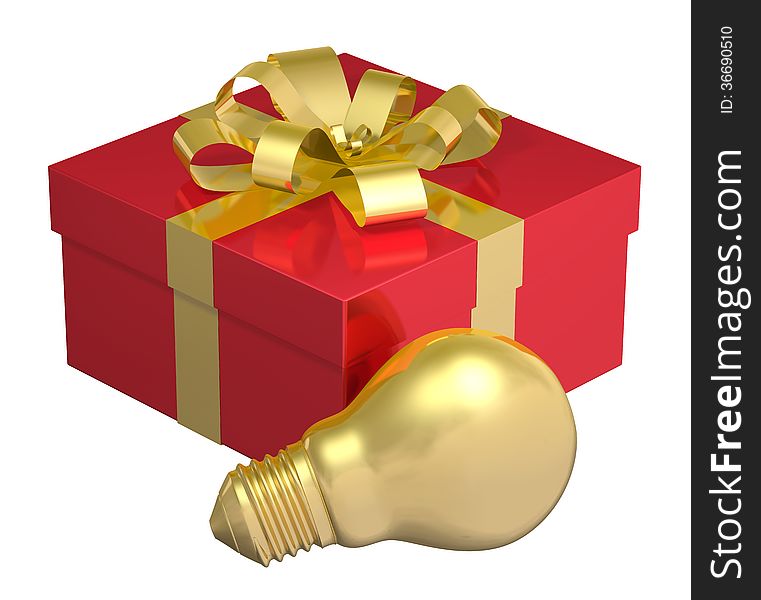 Golden light bulb near red gift box with golden bow