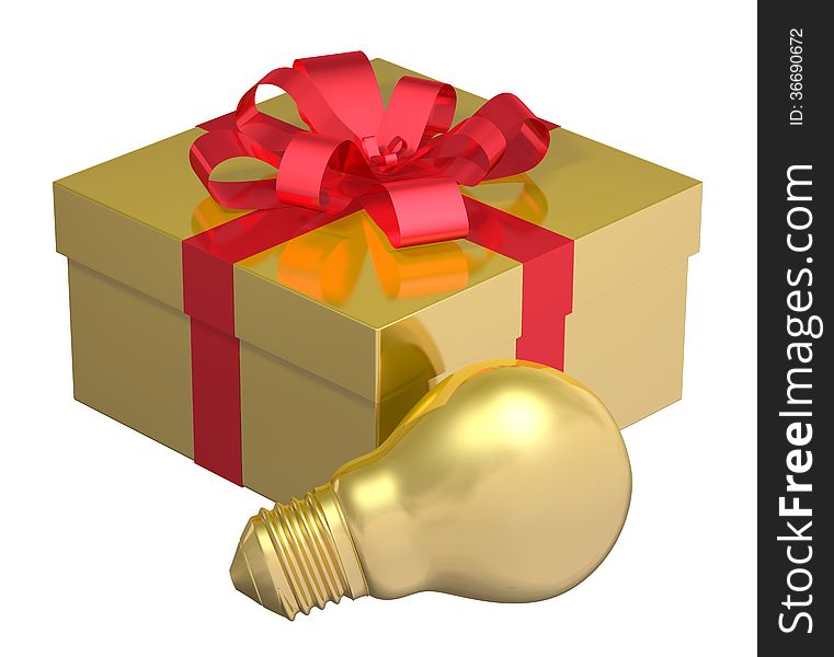 Golden light bulb near golden gift box with red bow isolated on white background. Idea for present concept