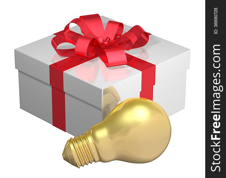 Golden light bulb near white gift box with red bow isolated on white background. Idea for present concept