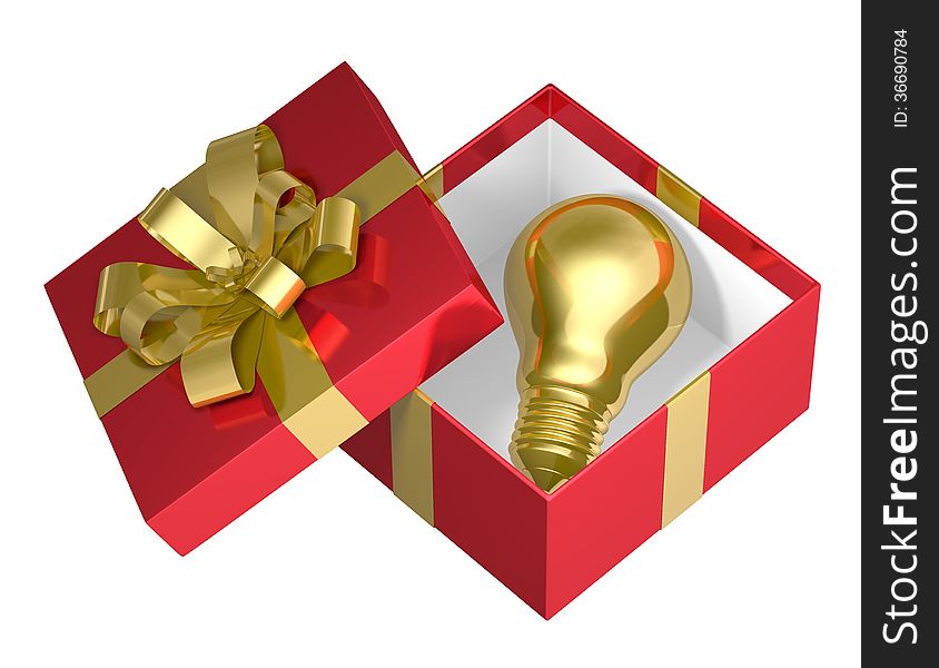 Golden Light Bulb In Red Open Gift Box With Golden Bow