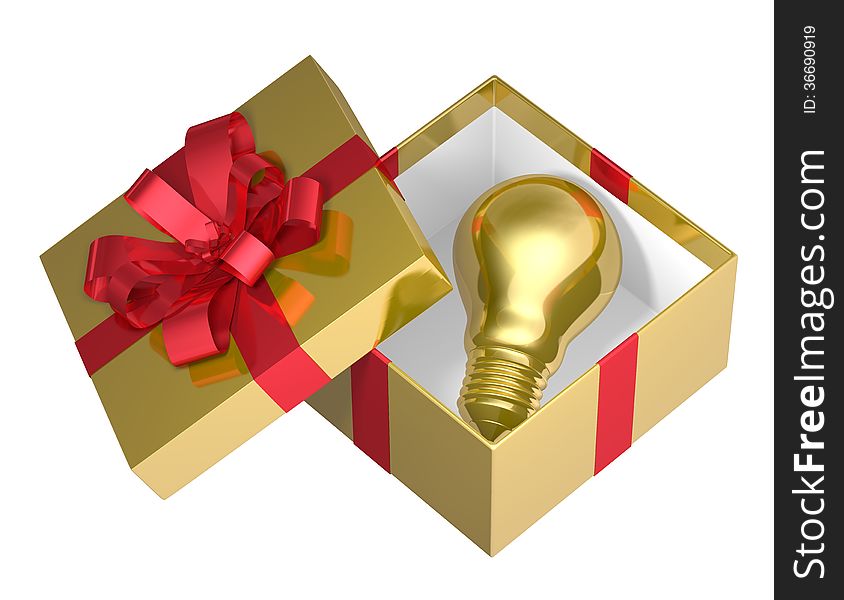 Golden light bulb in golden open gift box with red bow isolated on white background. Idea for present concept
