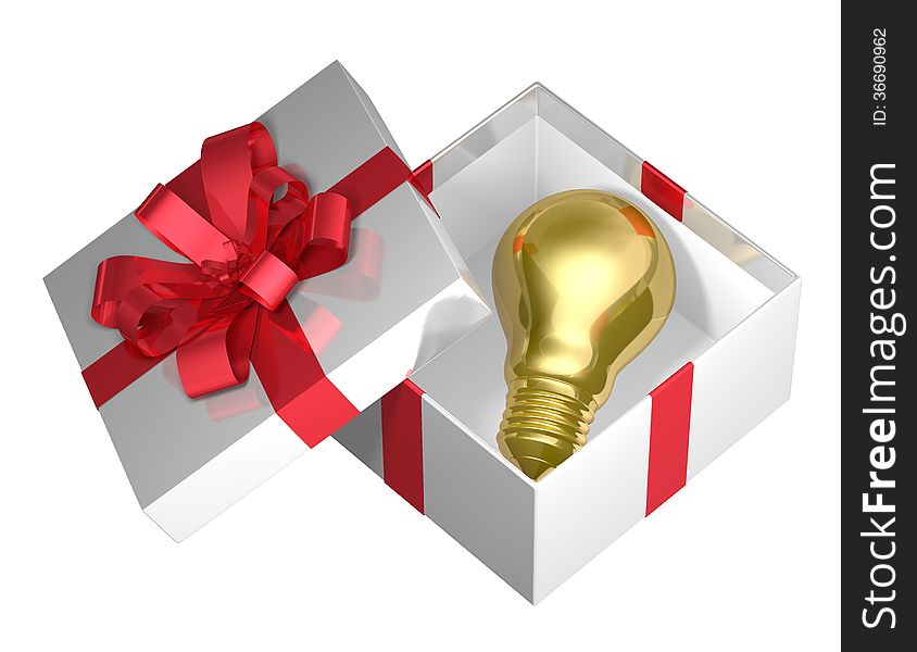 Golden light bulb in white open gift box with red bow isolated on white background. Idea for present concept