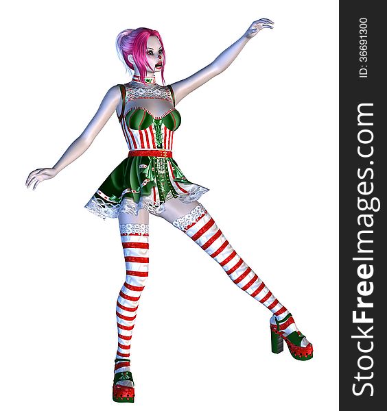 Digitally rendered illustration of a doll in green with red stripes dress on white background. Digitally rendered illustration of a doll in green with red stripes dress on white background.