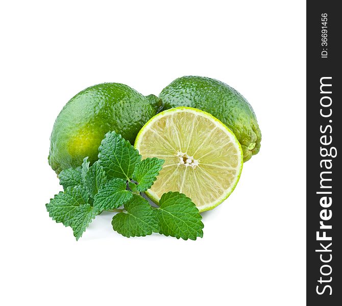 Fresh Lime with Mint Leaf isolated on white