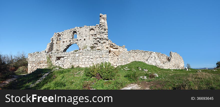 Ruins of of an ancient fortress on a plateau Mangup Kale. Ukraine, Crimea