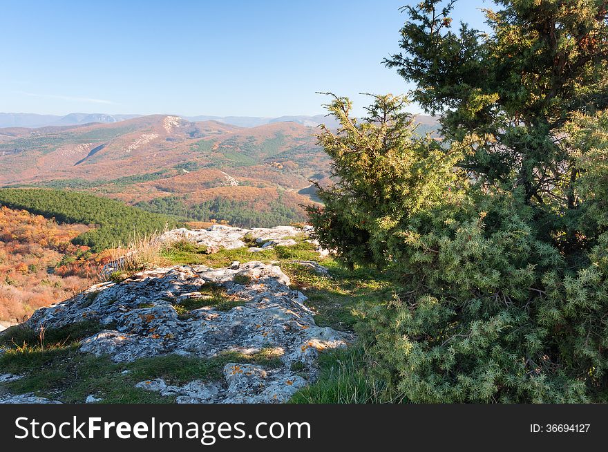 Panorama of a mountain plateau Mangup Kale. Ukraine, the Crimean peninsula