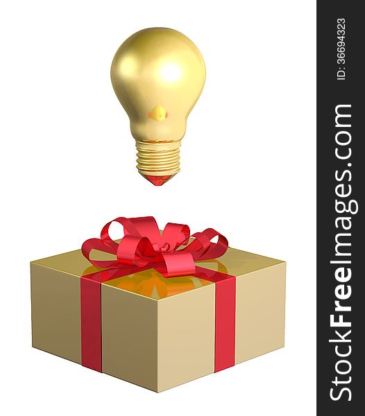 Golden light bulb above golden gift box with red bow isolated on white background. Idea for present concept