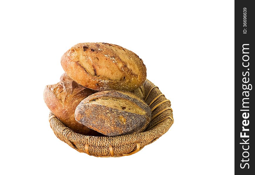 Healthy bread in basket isolated on white background