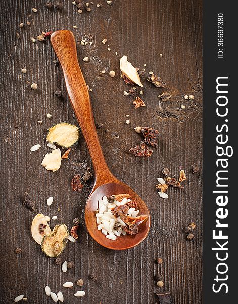 Rice In Wooden Bowl With Ingredients For Risotto