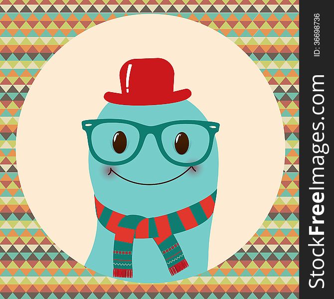 Hipster Retro Monster Card Illustration, Geometric Background. Hipster Retro Monster Card Illustration, Geometric Background