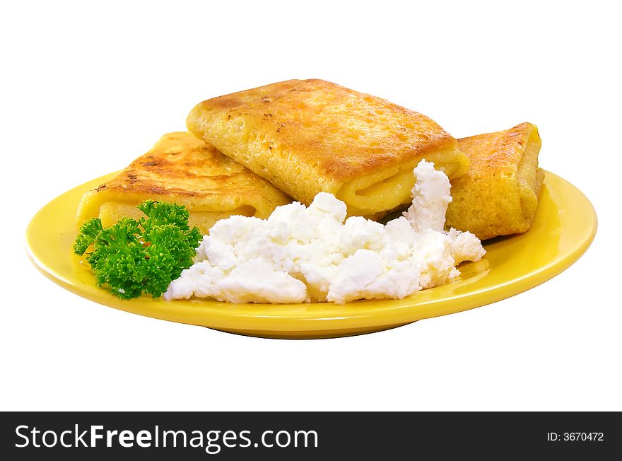 Fried blintzess with curd isolated object