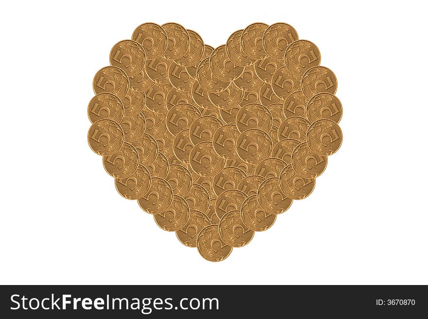 Heart from coins on white background