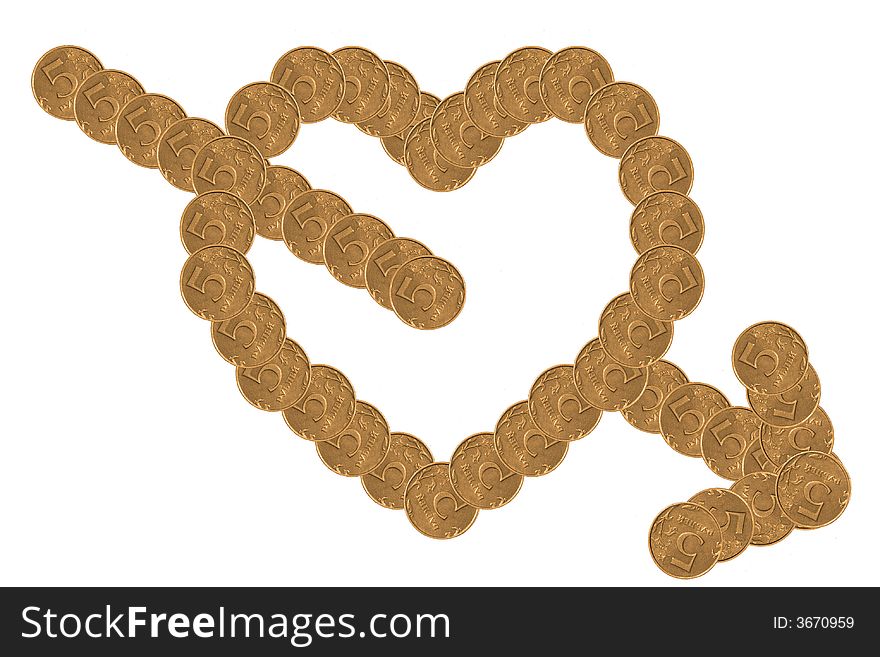 Heart from coins on white background