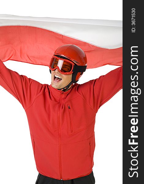 Skier with Polish flag. He has on red helmet and red parka. Skier with Polish flag. He has on red helmet and red parka.