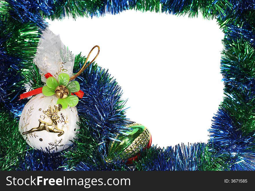 Christmas frame with tinsel and balls, on the white