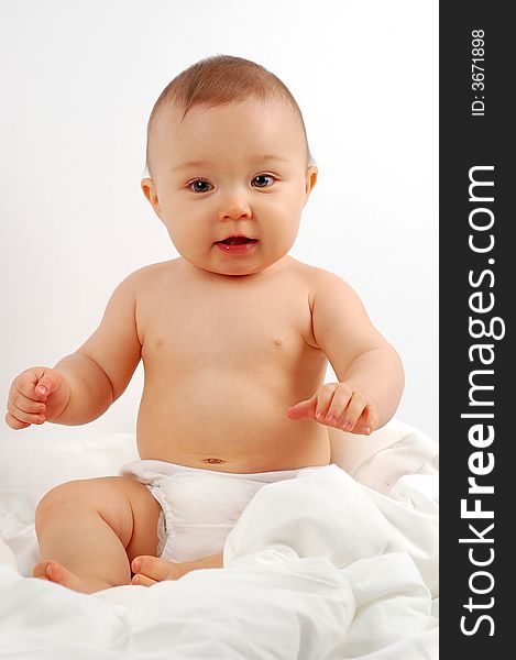 Photo of sweet happy baby girl on white background. Photo of sweet happy baby girl on white background