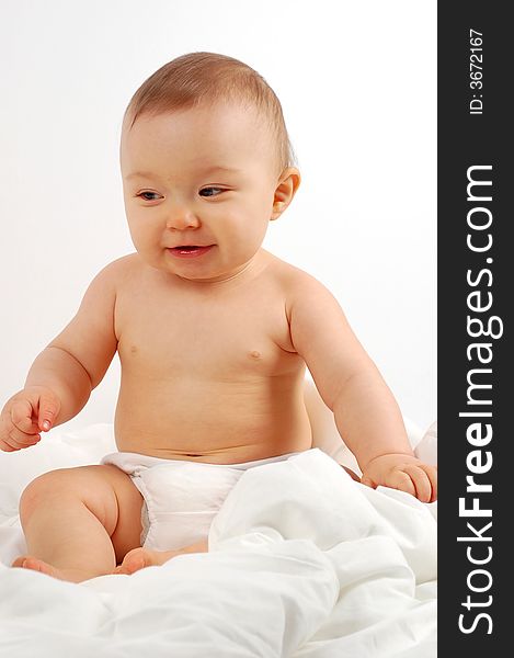 Photo of sweet happy baby girl on white background. Photo of sweet happy baby girl on white background