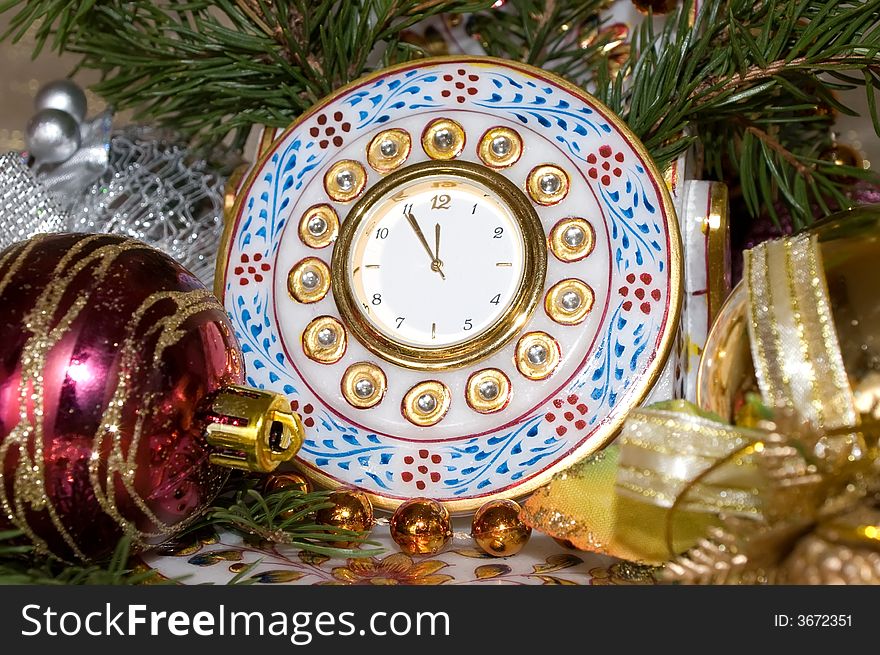 Close-up christmas ball and clock. Close-up christmas ball and clock