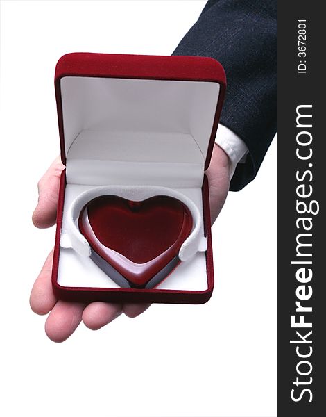 Man's hand giving a heart in a box against white background