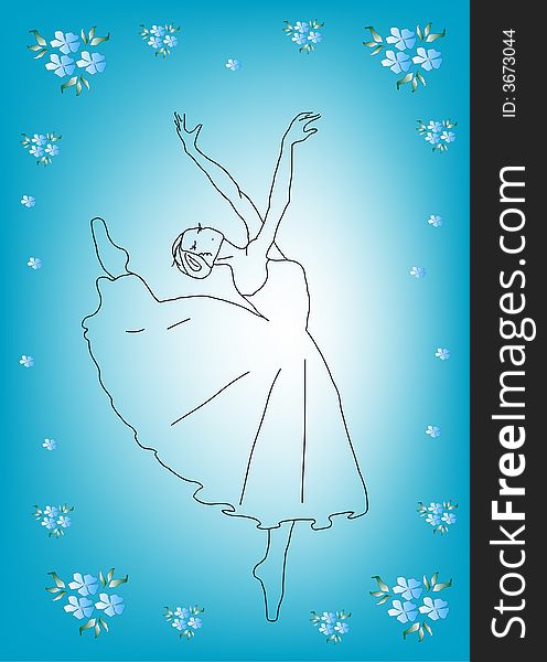 Linear figure of the ballerina. Blue background with flowers.