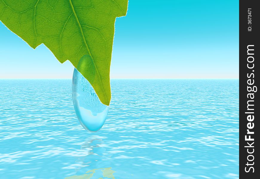 Brightly green leaf with the drop of dew on a background blue waters. Brightly green leaf with the drop of dew on a background blue waters