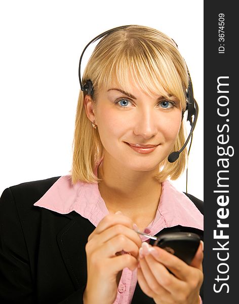 Beautiful hotline operator with cellphone in her hands isolated on white background