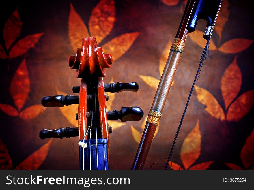 Violin details, neck and bow with leafs background