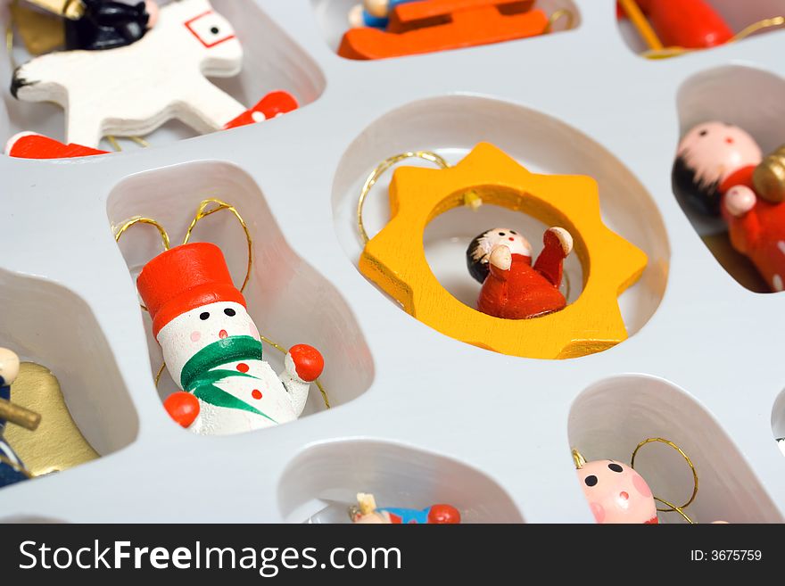 Christmas toys in box, holiday background