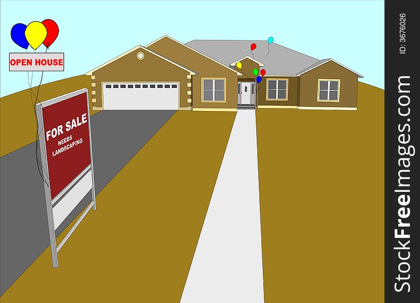 For sale house with open house sign and balloons illustration without landscaping. For sale house with open house sign and balloons illustration without landscaping.