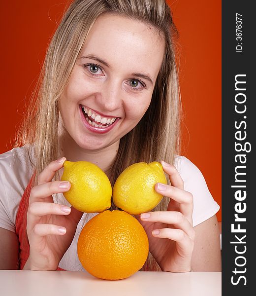 Girl has fun with fruits. Girl has fun with fruits.