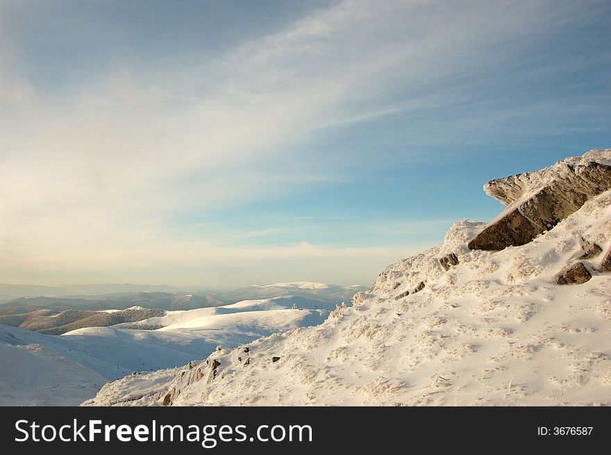 View from the winter mountain. Carpathians , Ukraine. View from the winter mountain. Carpathians , Ukraine