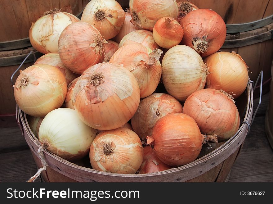 Bushels of fresh picked onions at a roadside market