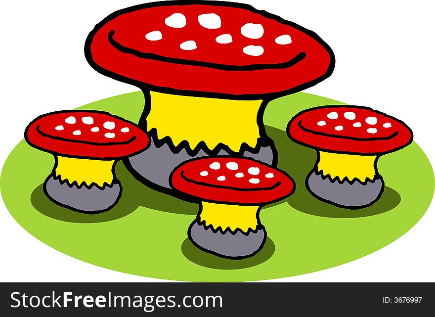 A vector, illustration for a set of mushroom table and chairs for garden. A vector, illustration for a set of mushroom table and chairs for garden.