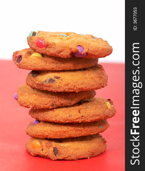 Stack of  biscuits on a red and white background