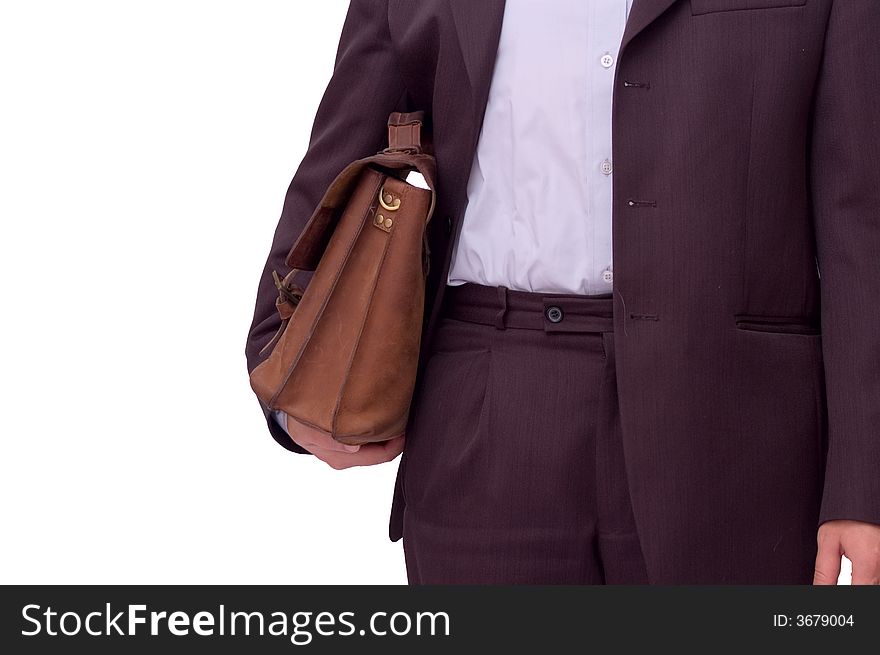Man with briefcase over white