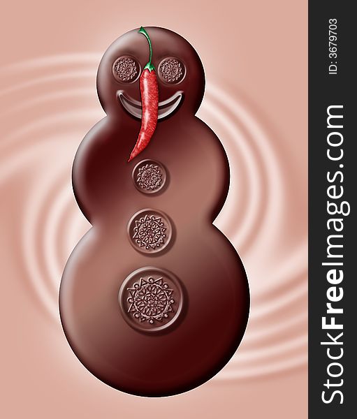 Illustrated milk chocolate snowman with chocolate snowflakes on him and with nose made by chili pepper placed on wavy pink
