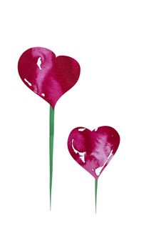 : Two Red Watercolor Heart On Green Stalk Beyly Background Stock Photo
