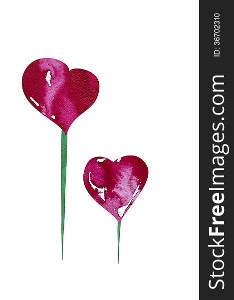 : Two red watercolor heart on green stalk beyly background love valentine