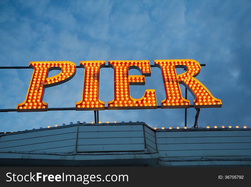 Illuminated Brighton Pier sign, taken in the evening. Illuminated Brighton Pier sign, taken in the evening.